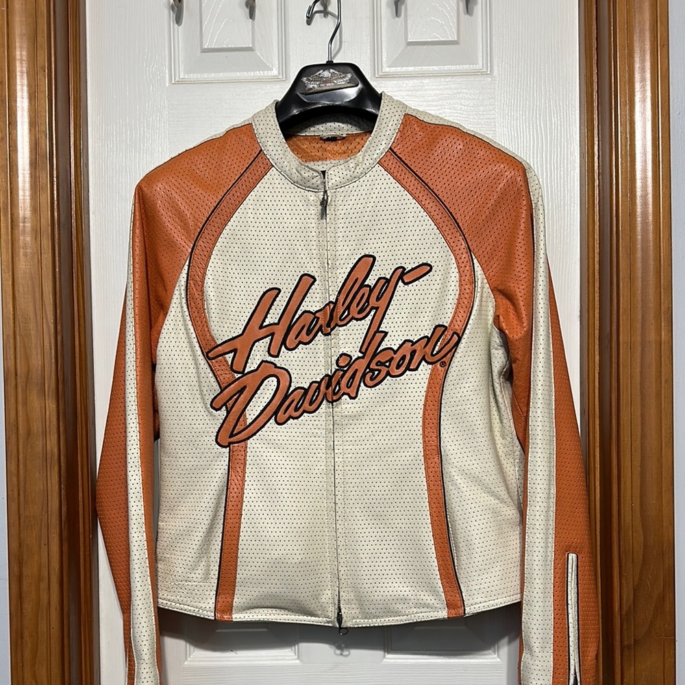 Harley-Davidson Leather Jacket Orange and Cream Bold Logo
